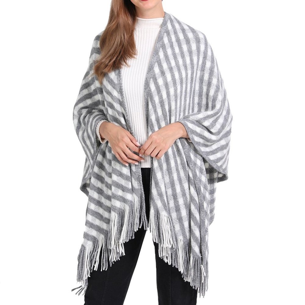 NWT Kollie More | Plaid & Gray Stripe Tassel-Trim Knit Shawl